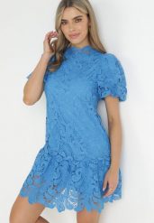 Niebieska Koronowa Sukienka ze Stójką i Bufiastym Rękawem Suminori. Niebieskie sukienki damskie Born2be, bez wzorów, z koronki, bez ramiączek. Za 229.99 zł.