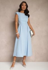 Niebieska Rozkloszowana Sukienka z Wiązaniem i Dekoltem w Kształcie Łódki Alanira. Niebieskie sukienki damskie Renee, bez wzorów, eleganckie, bez ramiączek. W wyprzedaży za 111.99 zł.