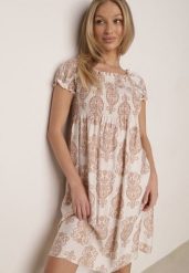 Beżowa Wiskozowa Sukienka Hiszpanka w Etniczny Wzór Hywen. Brązowe sukienki damskie Born2be, bez wzorów, z wiskozy, boho, bez ramiączek. Za 59.99 zł.