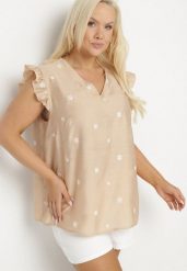Beżowa Bluzka z Wiskozą Ozdobiona Haftowanymi Kwiatami Tolindra. Brązowe bluzki damskie Born2be, l, bez wzorów, z jeansu, eleganckie, bez kołnierzyka, bez ramiączek. Za 49.99 zł.