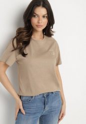 Beżowy T-shirt z Asymetrycznym Tyłem i Ozdobnym Haftem Ninissara. Brązowe t-shirty damskie Born2be, m, bez wzorów, z jeansu, z asymetrycznym kołnierzem. Za 54.99 zł.