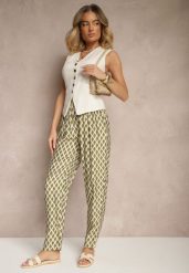 Zielone Spodnie o Szerokim Kroju High Waist w Romby Sarriza. Zielone spodnie materiałowe damskie Renee, z aplikacjami, z jeansu. Za 39.99 zł.