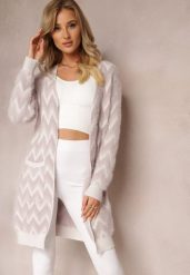 Fioletowy Niezapinany Kardigan o Przedłużonym Fasonie w Zygzaki Chevron Oherna. Fioletowe kardigany damskie Renee, bez wzorów, z tkaniny. Za 99.99 zł.
