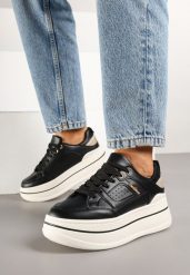 Czarne Sneakersy na Grubej Podeszwie Zdobione Brokatem Kariven. Czarne obuwie sportowe damskie Born2be, z jeansu, bez zapięcia. Za 89.99 zł.