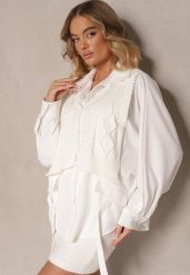 Jasnobeżowa Koszula Nietoperz z Naszytą Kamizelką z Dzianiny Hanoreth. Brązowe koszule damskie Renee, bez wzorów, z dzianiny, eleganckie, bez kołnierzyka, bez ramiączek. Za 129.99 zł.