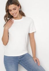 Biały Wiskozowy T-shirt w Klasycznym Stylu Arivoria. Białe t-shirty damskie Born2be, m, z aplikacjami, z jeansu, bez kołnierzyka. Za 44.99 zł.