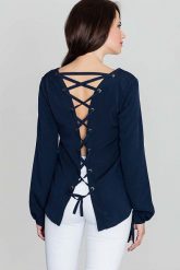 Modna Granatowa Bluzka z Dekoltem „V” Sznurowana na Plecach. Niebieskie bluzki damskie Katrus, m, bez wzorów, z elastanu, bez kołnierzyka, bez ramiączek. Za 189.00 zł.