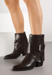 Brązowe Botki na Stożkowym Obcasie z Wywiniętą Cholewką i Klamrą Latuvia. Brązowe botki damskie Born2be, z jeansu, eleganckie, bez obcasa, na obcasie, bez zapięcia. Za 169.99 zł.