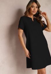 Czarna Trapezowa Sukienka Mini z Krótkim Rękawem i Kieszeniami Vrea. Czarne sukienki damskie Renee, bez wzorów, eleganckie, bez ramiączek. W wyprzedaży za 83.99 zł.