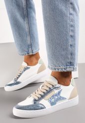 Niebieskie Sneakersy z Brokatowymi Wstawkami i Gwiazdką Reniva. Białe obuwie sportowe damskie Renee, bez zapięcia. Za 74.99 zł.