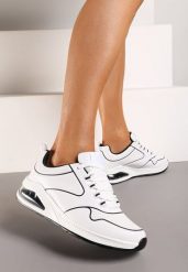 Biało-Czarne Sneakersy przed Kostkę z Podeszwą Typu Air z Imitacji Skóry Ialoella. Białe obuwie sportowe damskie Renee, z materiału, przed kostkę, bez zapięcia. Za 89.99 zł.