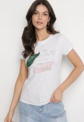 Jasnoszary Bawełniany T-shirt z Nadrukiem z Cyrkoniami Karissen. Szare t-shirty damskie Born2be, m, bez wzorów, z bawełny, bez kołnierzyka. Za 34.99 zł.