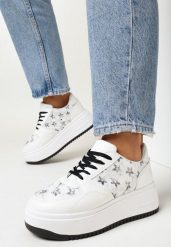 Biało-Czarne Sneakersy na Platformie Zdobione Printem Kwiaty Alilena. Białe obuwie sportowe damskie Born2be, z jeansu, bez zapięcia. Za 79.99 zł.