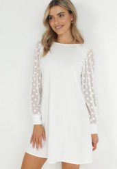 Biała Sukienka Mini z Przezroczystymi Rękawami i Wycięciem na Plecach Ileia. Białe sukienki damskie Born2be, bez wzorów, eleganckie, bez ramiączek. W wyprzedaży za 76.49 zł.