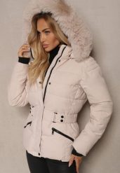 Jasnobeżowa Kurtka z Pikowaniem Odpinanym Kapturem i Futerkiem z Paskiem Vortinay. Brązowe kurtki damskie Renee, l, bez wzorów, z jeansu. Za 229.99 zł.