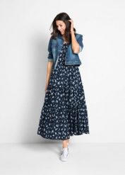 Sukienka z czystej bawełny. Niebieskie sukienki damskie bonprix, bez wzorów, z bawełny, bez ramiączek. Za 169.99 zł.