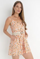 Pomarańczowy Kombinezon z Paskiem Harra. Brązowe sukienki damskie Born2be, z aplikacjami, z bawełny, boho, bez ramiączek. Za 139.99 zł.