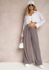Szare Spodnie High Waist ze Sznurkiem w Talii i Prostą Nogawką Raveann. Szare spodnie materiałowe damskie Renee, bez wzorów, z jeansu. Za 39.99 zł.