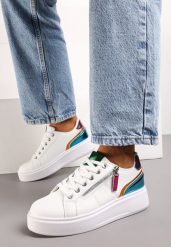 Biało-Niebieskie Sneakersy na Platformie Ozdobione Suwakami Halimedia. Białe obuwie sportowe damskie Born2be, z materiału, bez zapięcia. Za 99.99 zł.