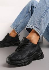 Czarne Sznurowane Sneakersy na Grubej Podeszwie z Przeszyciami Vleni. Czarne obuwie sportowe damskie Born2be, bez zapięcia. Za 99.99 zł.