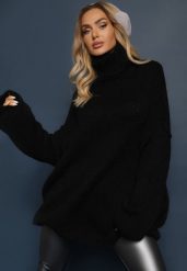Czarny Golf o Kroju Oversize z Wełną i Moherem Temirali. Czarne golfy damskie Renee, bez wzorów, z jeansu, bez ramiączek. Za 169.99 zł.