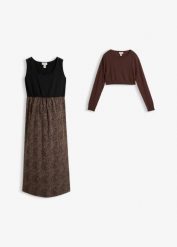 Zestaw 3 w 1: sukienka i sweter z funkcją karmienia (2 części). Brązowe sukienki damskie bonprix, bez wzorów, bez ramiączek. Za 209.99 zł.