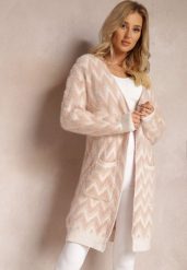 Różowy Niezapinany Kardigan o Przedłużonym Fasonie w Zygzaki Chevron Oherna. Czerwone kardigany damskie Renee, bez wzorów, z tkaniny. Za 99.99 zł.
