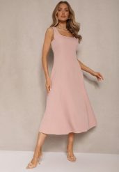 Różowa Rozkloszowana Sukienka w Klasycznym Stylu Deslene. Czerwone sukienki damskie Renee, bez wzorów, eleganckie, bez ramiączek. Za 109.99 zł.