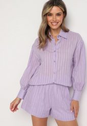 Fioletowy 2-cześciowy Komplet z Szortami i Elegancką Koszulą Alesa. Fioletowe koszule damskie Born2be, m, bez wzorów, eleganckie, bez kołnierzyka, bez ramiączek. Za 109.99 zł.