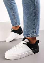 Biało-Czarne Sneakersy Sznurowane na Płaskiej Grubszej Podeszwie z Cyrkoniami Hanuel. Białe obuwie sportowe casual damskie Renee, bez zapięcia. Za 49.99 zł.