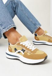 Ciemnobeżowe Sznurowane Sneakersy na Grubej Podeszwie z Przeszyciami Hanoa. Brązowe obuwie sportowe casual damskie Born2be, bez zapięcia. Za 49.99 zł.