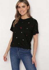 Czarny T-shirt Ozdobiony Kolorowymi Cyrkoniami Wiadea. Czarne t-shirty damskie Born2be, l, bez wzorów, bez kołnierzyka. Za 39.99 zł.