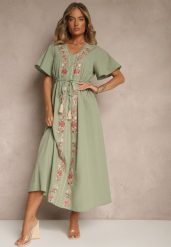 Zielona Rozkloszowana Sukienka z Bawełny w Stylu Boho z Ozdobnym Haftem Sersena. Zielone sukienki damskie Renee, bez wzorów, z bawełny, boho, bez ramiączek. W wyprzedaży za 107.99 zł.
