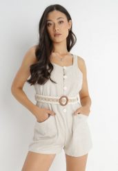 Jasnobeżowy Kombinezon z Bawełny Pheneope. Brązowe sukienki damskie Born2be, bez wzorów, z bawełny, boho, bez ramiączek. Za 129.99 zł.