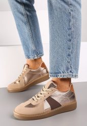 Ciemnobeżowe Płaskie Sneakersy z Metaliczną Wstawką Nevsina. Brązowe obuwie sportowe damskie Born2be, z materiału, bez zapięcia. Za 84.99 zł.