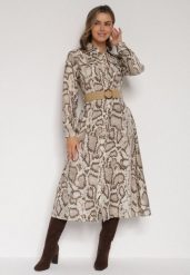 Beżowa Sukienka Koszulowa z Wiskozą Zdobiona Paskiem i Wzorem w Węża Delane. Brązowe sukienki damskie Born2be, z aplikacjami, z materiału, biznesowe, bez ramiączek. Za 129.99 zł.