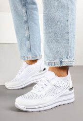 Białe Sneakersy na Koturnie z Cyrkoniami z Metalicznym Zdobieniem Bariena. Białe obuwie sportowe damskie Born2be, bez zapięcia. Za 84.99 zł.