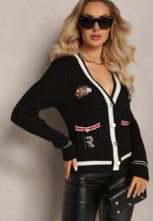 Czarny Wiskozowy Sweter Kardigan z Biżuteryjnymi Guzikami i Ozdobnymi Naszywkami Puanissa. Czarne kardigany damskie Renee, z aplikacjami, z wiskozy. Za 159.99 zł.