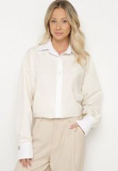 Beżowa Koszula Oversize z Wiskozy z Kieszenią i Aplikacjami przy Mankietach Lisavielis. Brązowe koszule damskie Born2be, uniwersalny, z aplikacjami, z jeansu, eleganckie, bez kołnierzyka, bez ramiączek. Za 99.99 zł.
