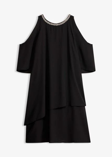 Sukienka koszulowa. Czarne sukienki damskie bonprix, z aplikacjami, z szyfonu, eleganckie, bez ramiączek. Za 239.99 zł.