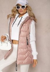 Różowa Pikowana Kamizelka Długa z Kapturem Odpinanym Raelliana. Czerwone kamizelki damskie Renee, na jesień, l, bez wzorów, z kapturem. Za 119.99 zł.