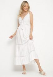 Biała Bawełniana Sukienka Rozkloszowana na Ramiączkach Jillifia. Białe sukienki damskie Born2be, bez wzorów, z bawełny, eleganckie, bez ramiączek. Za 89.99 zł.
