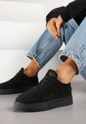 Czarne Sneakersy z Ażurowej Koronki na Grubej Podeszwie Nanessia. Czarne obuwie sportowe damskie Renee, z koronki, bez zapięcia. Za 99.99 zł.