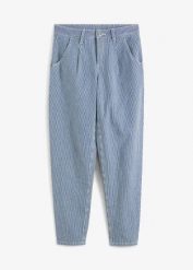Dżinsy o baryłkowatym kroju w paski, mid waist. Niebieskie jeansy damskie bonprix. Za 159.99 zł.