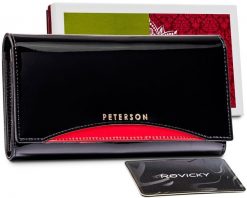 Skórzany portfel czarny Peterson PTN BC-467-BLACK RED. Czarne portfele damskie Peterson, bez wzorów, z lakierowanej skóry. Za 124.00 zł.