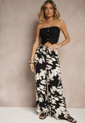 Czarne Szerokie Spodnie z Wiskozy High Waist w Kwiatowy Wzór Elaneora. Czarne spodnie materiałowe damskie Renee, bez wzorów, z jeansu. Za 39.99 zł.
