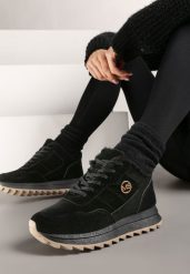 Czarne Sneakersy na Platformie z Futerkiem Egiapia. Czarne obuwie sportowe damskie Born2be, z jeansu, bez zapięcia. Za 99.99 zł.