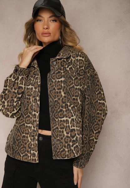 Brązowa Koszulowa Kurtka Jeansowa w Panterkę Cesira. Brązowe kurtki damskie Renee, m, bez wzorów, z jeansu, bez kaptura. Za 119.99 zł.