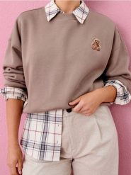 Bluza crewneck z nadrukiem - brązowy. Brązowe bluzy damskie Sinsay, l, bez wzorów, bez kaptura. Za 39.99 zł.