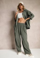 Ciemnozielone Bawełniane Spodnie High Waist o Szerokim Kroju Velili. Zielone spodnie materiałowe damskie Renee, bez wzorów, z bawełny. Za 119.99 zł.